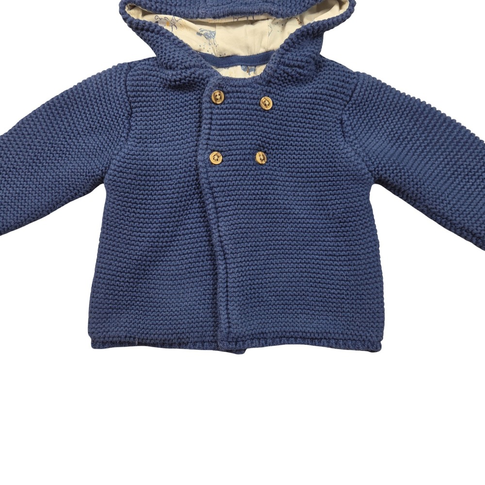 M&S Navy Blue Knit Bear Ear Hooded Cardigan Sweater Dog Print Lining Fall